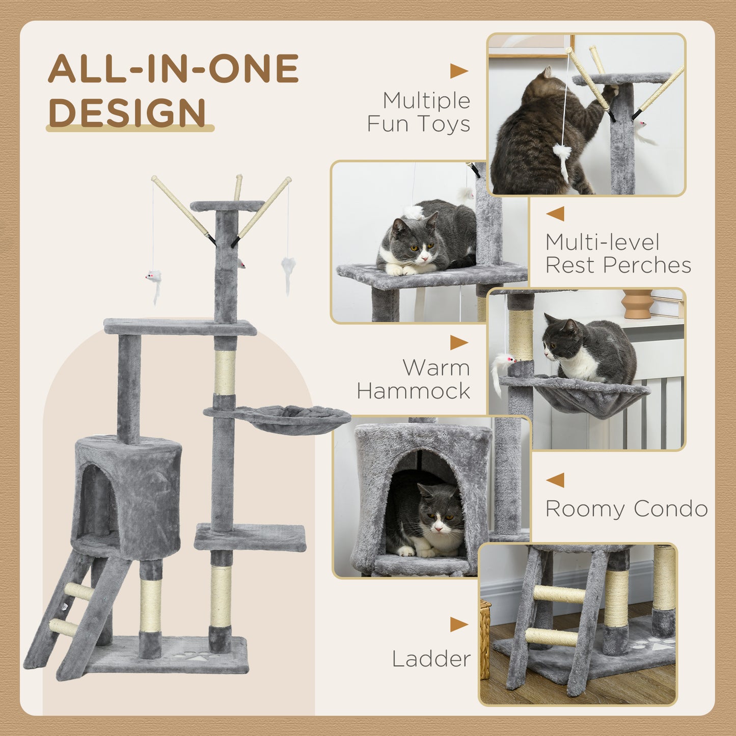 Cat Tree Kitty Activity Centre Condo Scratching Post with Toys 131Cm