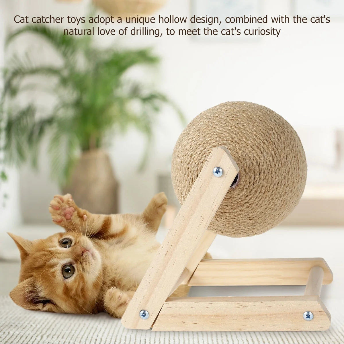 Cat Scratching Ball Natural Sisal with Catnip Interactive Solid Wood Scratcher Ball