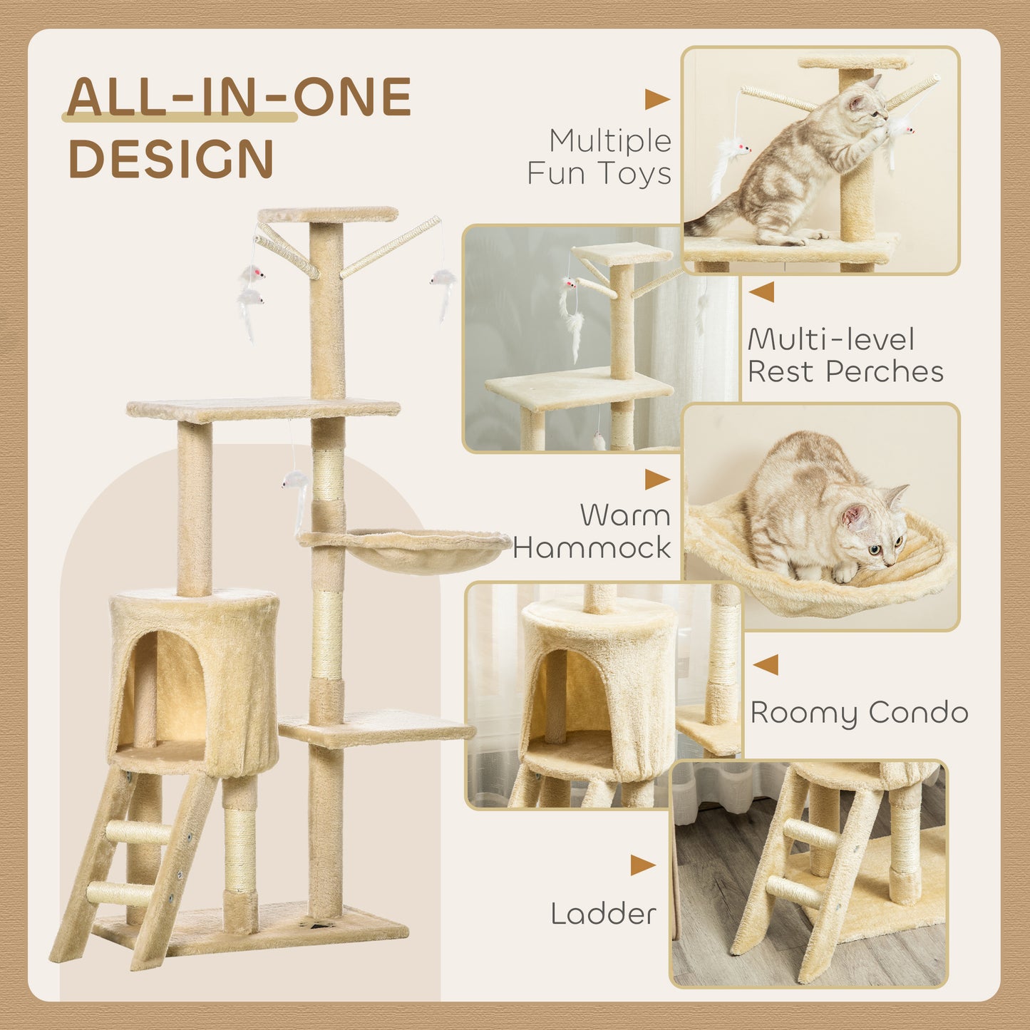 Cat Tree Kitty Activity Centre Condo Scratching Post with Toys 131Cm