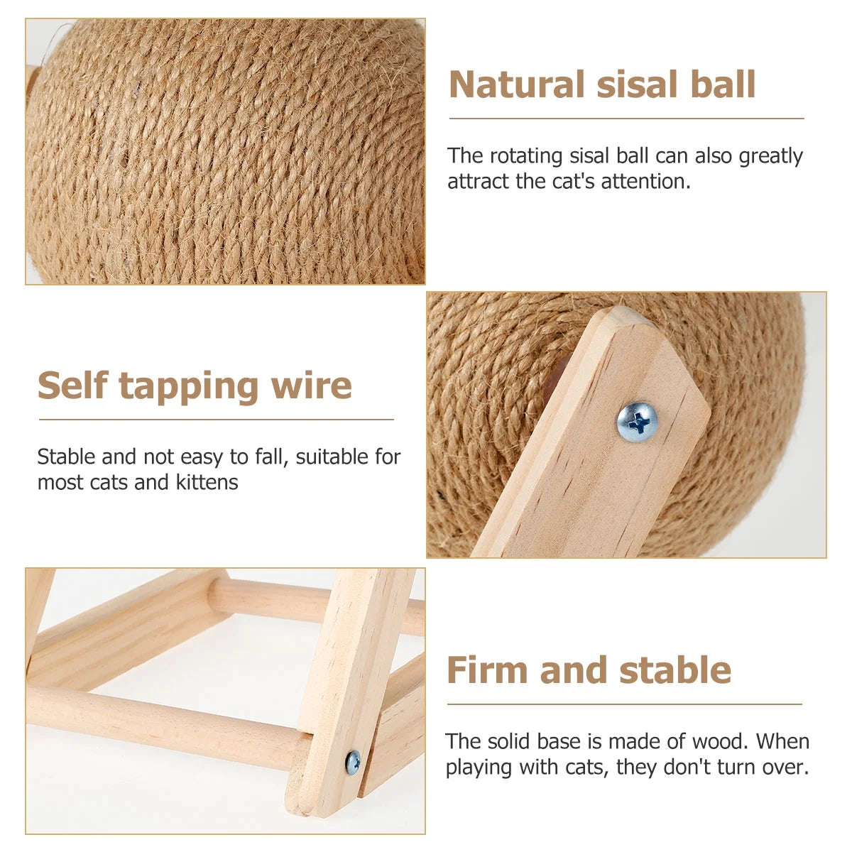 Cat Scratching Ball Natural Sisal with Catnip Interactive Solid Wood Scratcher Ball