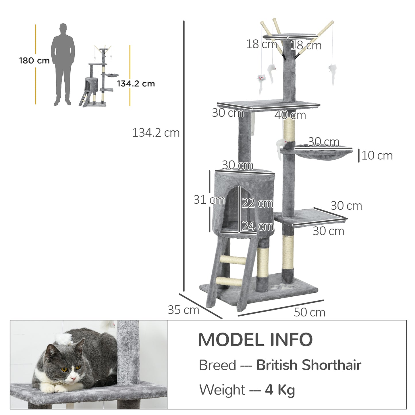 Cat Tree Kitty Activity Centre Condo Scratching Post with Toys 131Cm