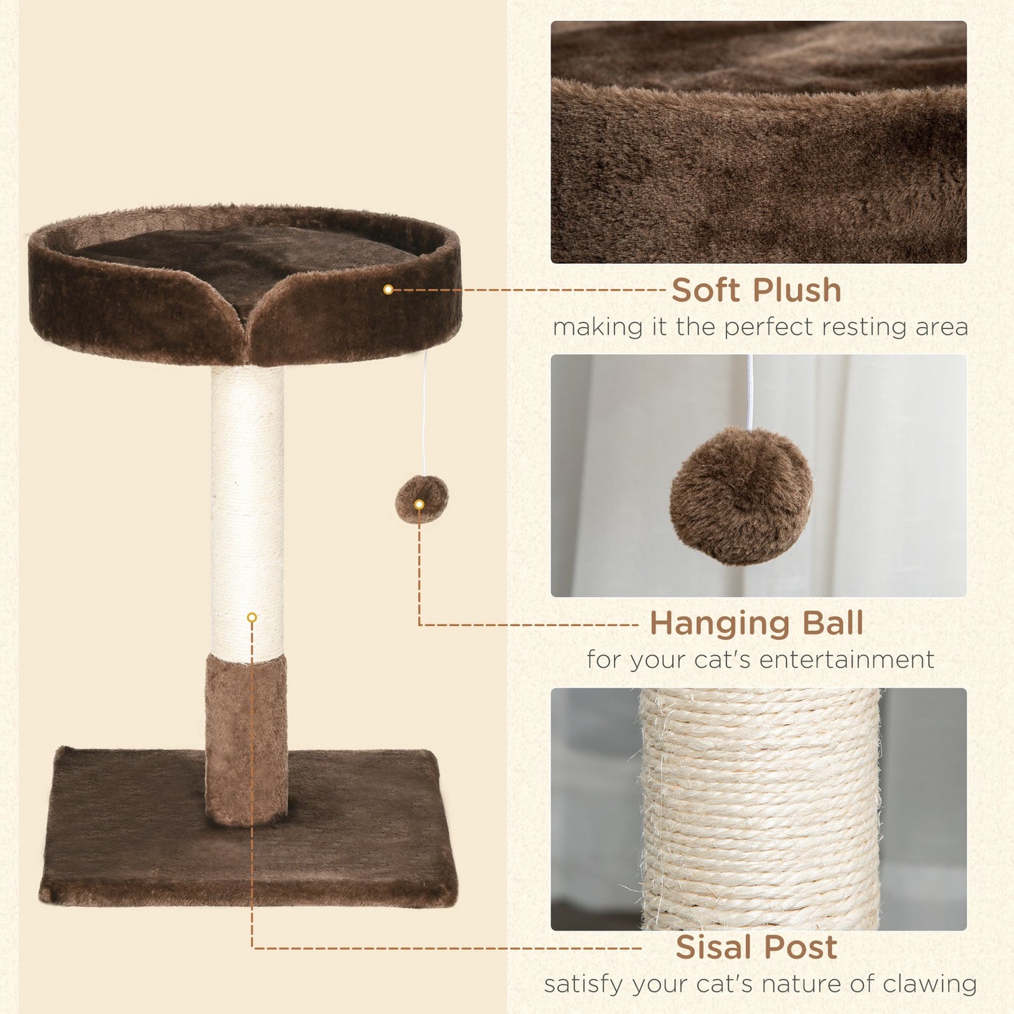 Pawhut Small Cat Tree for Indoor Cats W/ Sisal Scratching Post Bed Cushion Toy