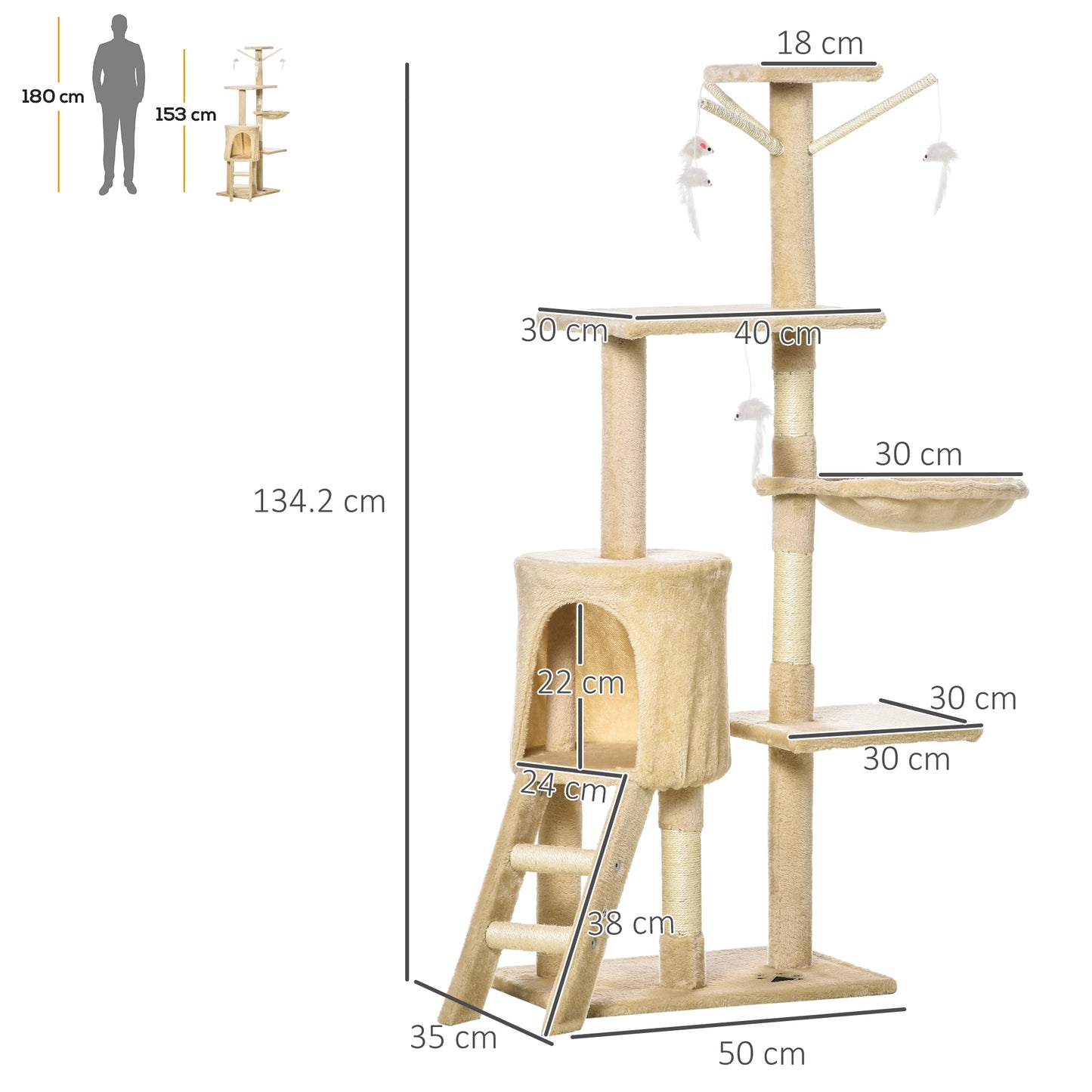 Cat Tree Kitty Activity Centre Condo Scratching Post with Toys 131Cm