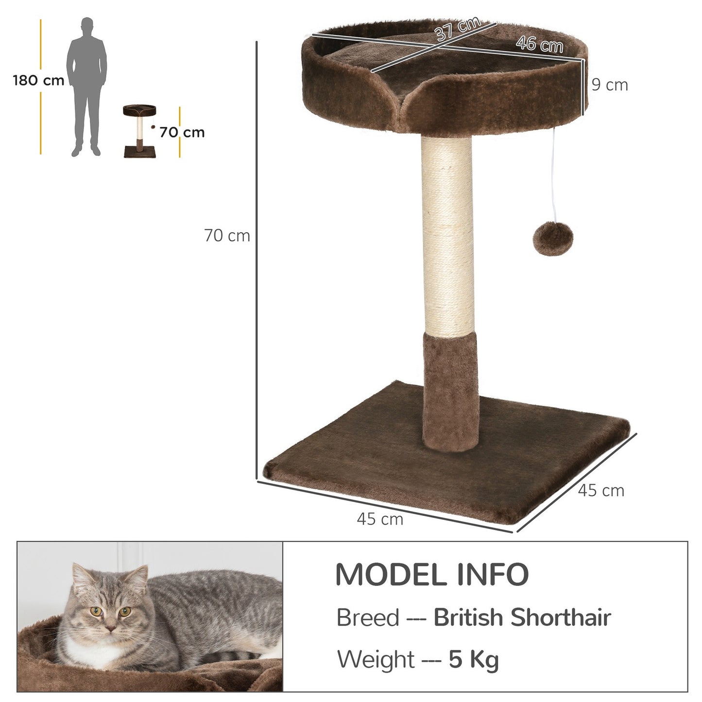 Pawhut Small Cat Tree for Indoor Cats W/ Sisal Scratching Post Bed Cushion Toy