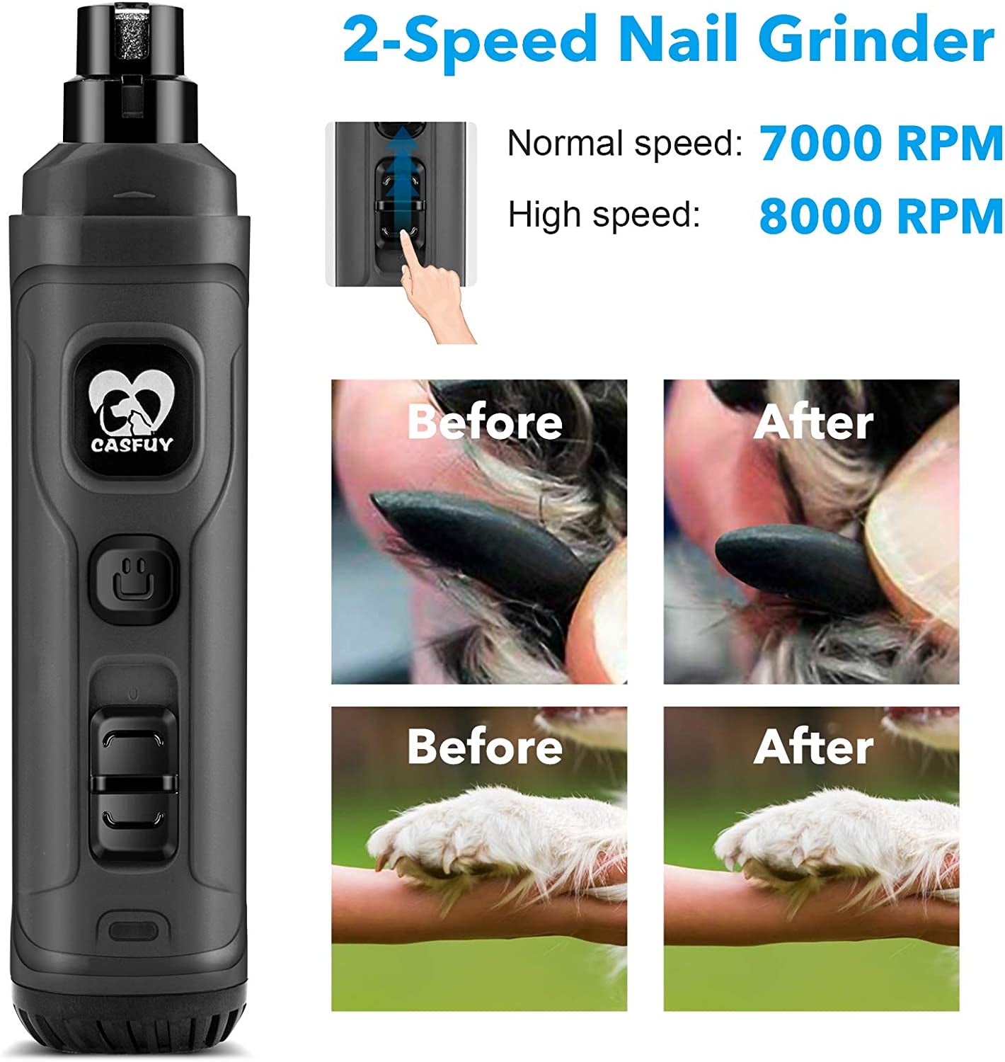Dog Nail Grinder with 2 LED Light - New Version 2-Speed Powerful Electric Pet Nail Trimmer