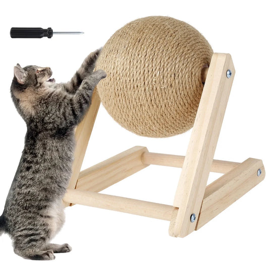 Cat Scratching Ball Natural Sisal with Catnip Interactive Solid Wood Scratcher Ball 