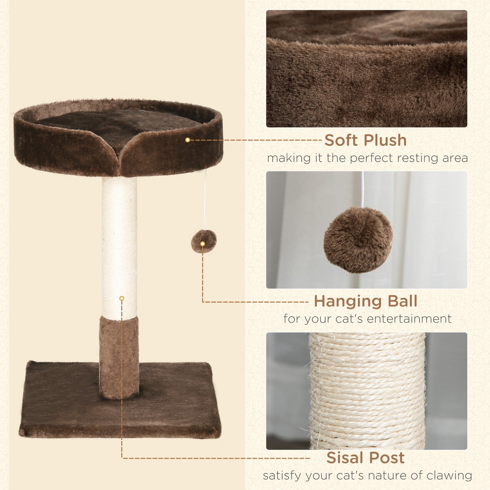 Pawhut Small Cat Tree for Indoor Cats W/ Sisal Scratching Post Bed Cushion Toy