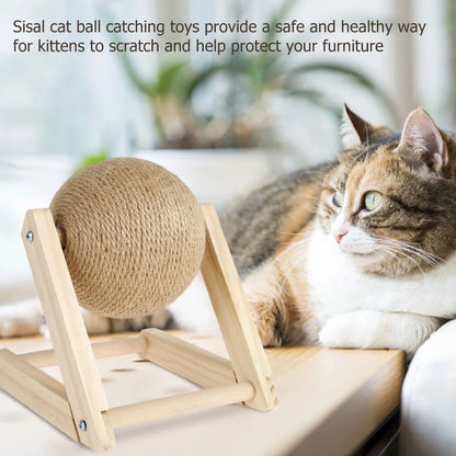 Cat Scratching Ball Natural Sisal with Catnip Interactive Solid Wood Scratcher Ball 